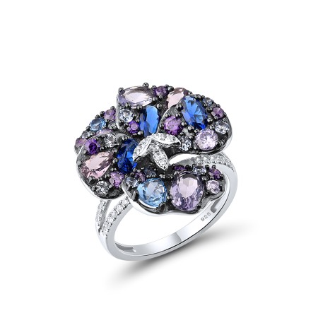 SANTUZZA Silver Ring 925 Sterling Silver Sparkling Multi Gems Blue Flower Ring Jewelry