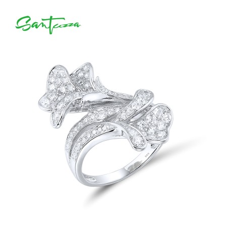 SANTUZZA 925 Sterling Silver Rings White Cubic Zirconia Flower Fine Jewelry