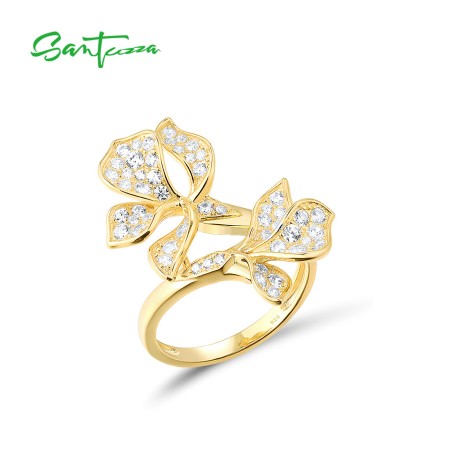 SANTUZZA 925 Sterling Silver Ring White Cubic Zirconia Gold Color Charming Flower Fine Jewelry