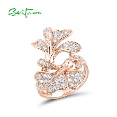 SANTUZZA Silver Ring 925 Sterling Silver White Cubic Zirconia Rose Gold Color Flower Fine Jewelry