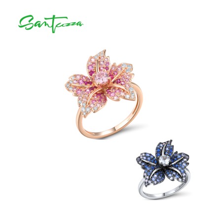 SANTUZZA 925 Sterling Silver Ring  Blue Pink Stone Lily Flower Jewelry