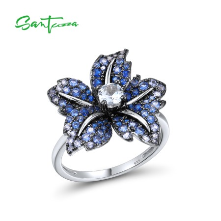 SANTUZZA 925 Sterling Silver Ring  Blue Pink Stone Lily Flower Jewelry