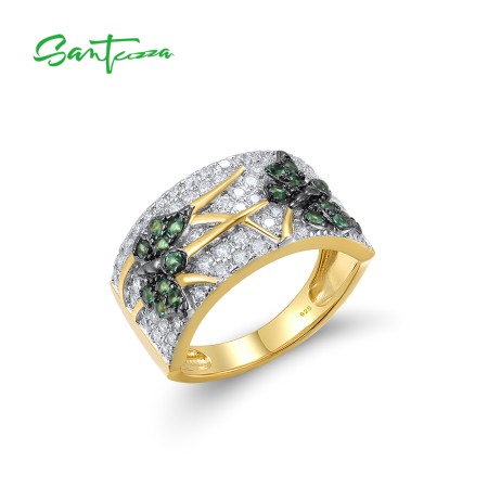 SANTUZZA 925 Sterling Silver Rings Round Green Spinel Butterfly Animal Gold Plated Jewelry