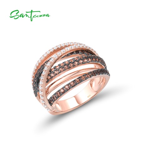SANTUZZA 925 Silver Rings Nano Brown Spinel White CZ Ring Fine Jewelry