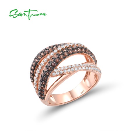 SANTUZZA 925  Silver Rings Nano Brown Spinel White CZ Ring Fine Jewelry