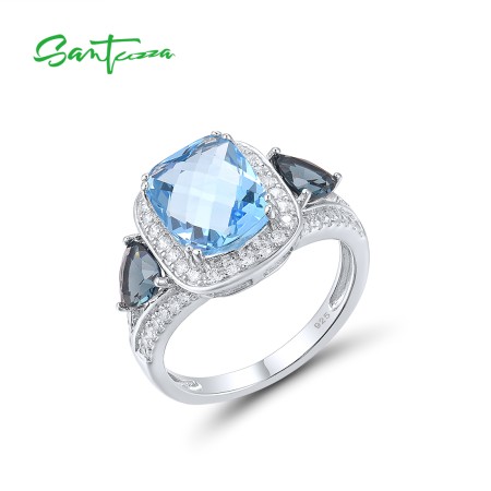 SANTUZZA Silver Ring 925 Sterling Silver Sparkling Solitaire Blue Stones Jewelry