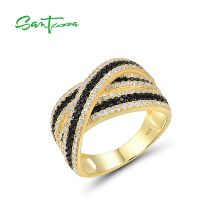 SANTUZZA Silver Rings 925 Sterling Silver Black Spinel White CZ Gold Color Ring Jewelry