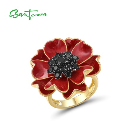 SANTUZZA 925 Sterling Silver Rings Black Spinel Red Enamel Blossom Sun Flower Jewelry