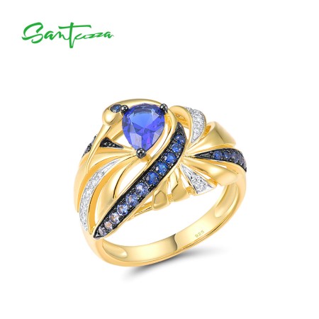 SANTUZZA 925 Sterling Silver Rings Blue Gems White Cubic Zirconia Fine Jewelry