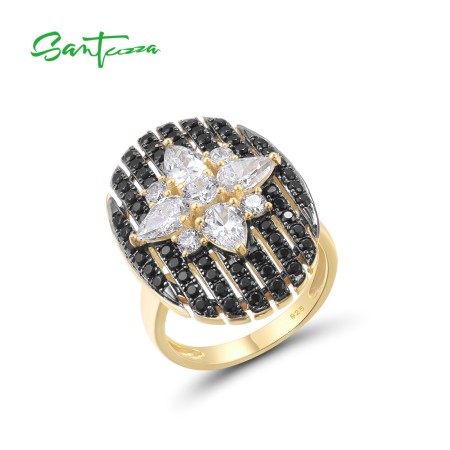 SANTUZZA 925 Sterling Silver Rings Black Spinel White CZ Star Oval Ring Fine Jewelry
