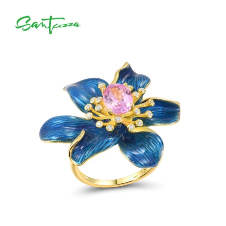 SANTUZZA Silver Rings 925 Sterling Silver Enamel Blue Flower Created Pink Sapphire Fine Jewelry