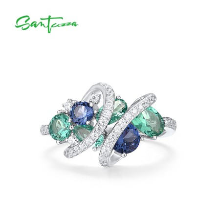SANTUZZA 925 Sterling Silver Rings Green Blue Spinel White CZ Gemstone Fine Jewelry