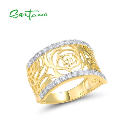 SANTUZZA 925 Sterling Silver Rings White Cubic Zirconia Rose Lace Flower Ring Jewelry
