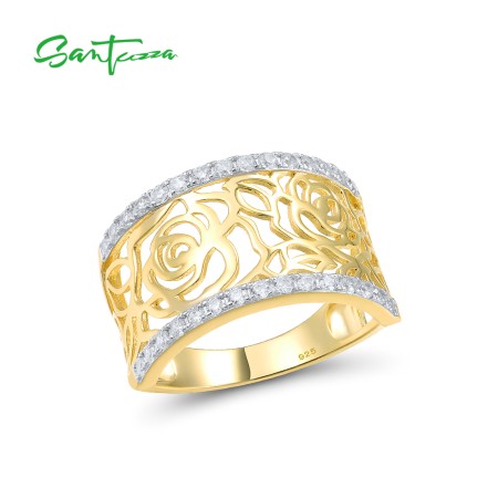 SANTUZZA 925 Sterling Silver Rings White Cubic Zirconia Rose Lace Flower Ring Jewelry