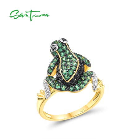 SANTUZZA 925 Sterling Silver Ring Green Black Spinel White CZ Frog Animal  Jewelry