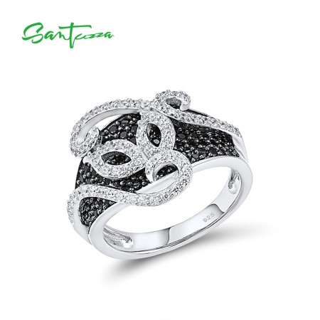 SANTUZZA 925 Sterling Silver Rings Black Spinel White Cubic Zirconia Jewelry