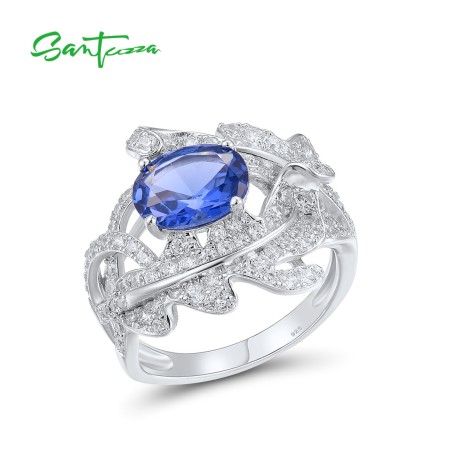 SANTUZZA 925 Sterling Silver Rings Blue Spinel White CZ Leaf Shaped Fine Jewelry