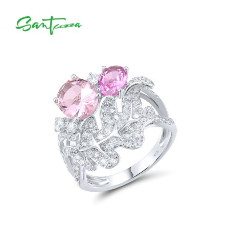 SANTUZZA 925 Sterling Silver Rings Created Pink Sapphire White CZ Leaf Ring Fine Jewelry