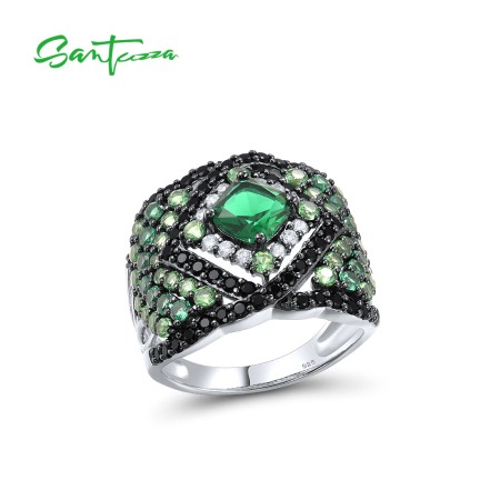 SANTUZZA 925 Sterling Silver Solitaire Ring Green And Black Spinel White CZ Fine Jewelry