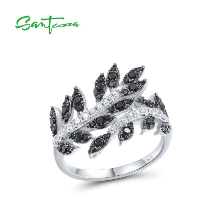 SANTUZZA 925 Sterling Silver Rings Black Spinel White Cubic Zirconia Plant Fine Jewelry