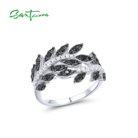 SANTUZZA 925 Sterling Silver Rings Black Spinel Leaf White Cubic Zirconia Plant Fine Jewelry