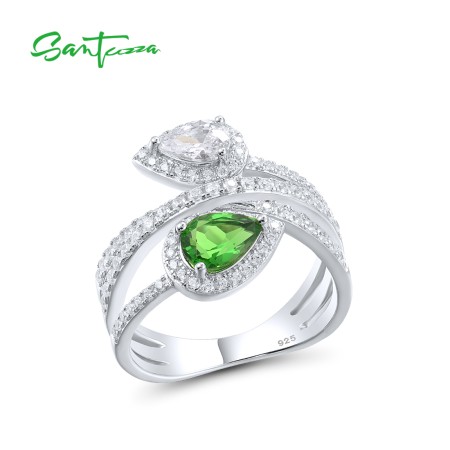 SANTUZZA 925 Sterling Silver Rings Green White CZ Fine Jewelry