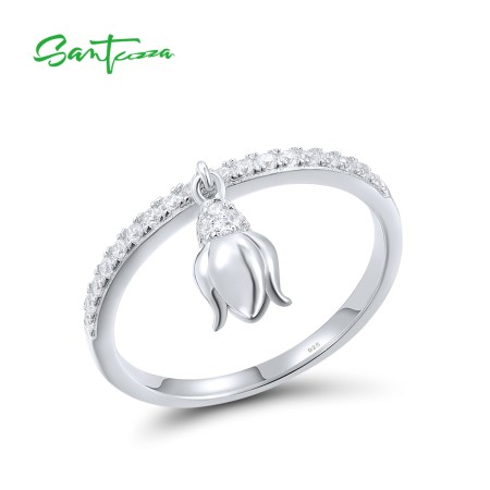 SANTUZZA 925 Sterling Silver Rings White CZ Danling Tulip Flower Fine Jewelry