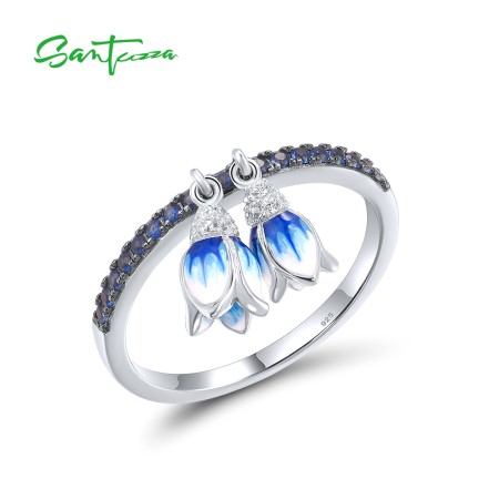 SANTUZZA 925 Sterling Silver Rings Blue Sone Danling Tulip Flower Fine Jewelry Enamel