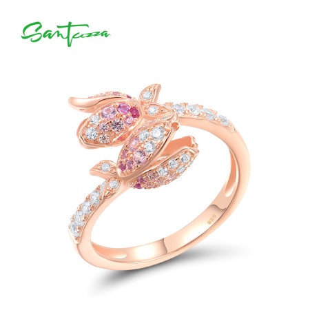 SANTUZZA 925 Sterling Silver Rings White CZ Created Ruby Pink Sapphire Flower Jewelry