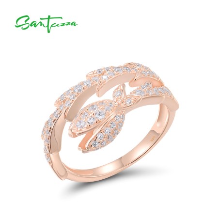 SANTUZZA 925 Sterling Silver Rings White CZ Rose Gold Plated Flower Fine Jewelry