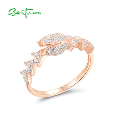 SANTUZZA 925 Sterling Silver Rings White CZ Rose Gold Plated Flower Fine Jewelry