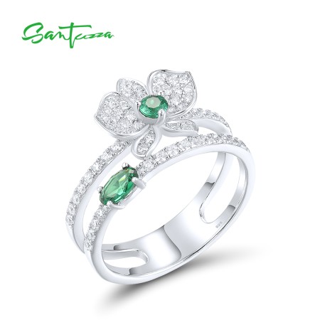 SANTUZZA 925 Sterling Silver Rings Sparkling White CZ Green Spinel Orchid Flower Jewelry