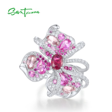 SANTUZZA 925 Sterling Silver Ombre Rings Created Ruby Pink Sapphire Gorgeous Lily Flower Jewelry