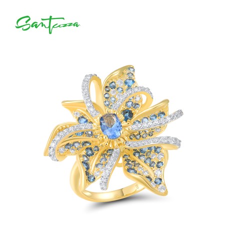 SANTUZZA 925 Sterling Silver Ombre Rings Blue Spinel White Zirconia Lily Flower Jewelry