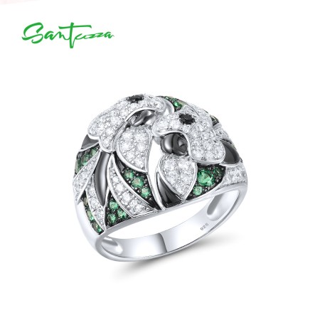 SANTUZZA 925 Sterling Silver Rings Black Green Spinel White CZ Flower Fine Jewelry