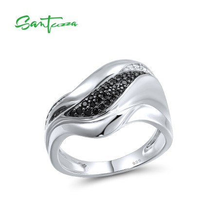 SANTUZZA 925 Sterling Silver Rings Black Spinel White Cubic Zirconia Ring Fine Jewelry