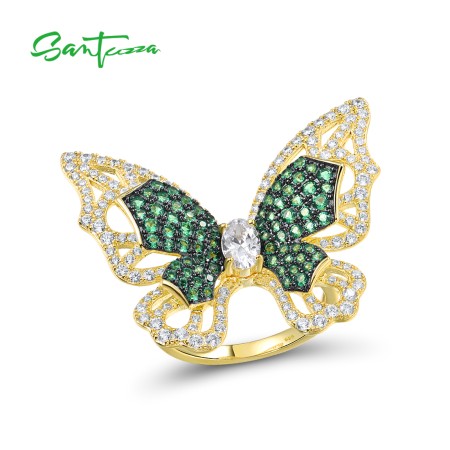 SANTUZZA 925 Sterling Silver Rings Green Spinel White Cubic Zirconia Butterfly Ring Fine Jewelry