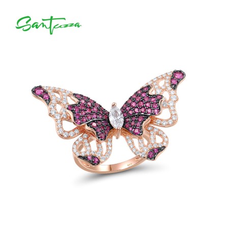 SANTUZZA 925 Sterling Silver Rings Red Stones White Cubic Zirconia Butterfly Ring Fine Jewelry