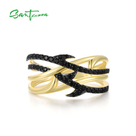 SANTUZZA 925 Sterling Silver Rings Black Spinel Yellow Plated Fine Jewelry