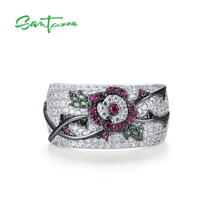 SANTUZZA 925 Sterling Silver Ring Red Green Spinel Cubic Zirconia Sweet Flower Jewelry
