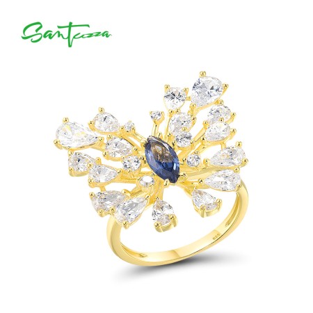 SANTUZZA 925 Sterling Silver Ring Blue Spinel White CZ Butterfly Jewelry