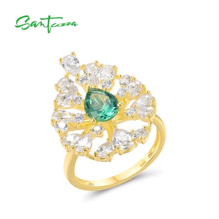 SANTUZZA 925 Sterling Silver Ring Green Spinel White CZ Cluster Jewelry