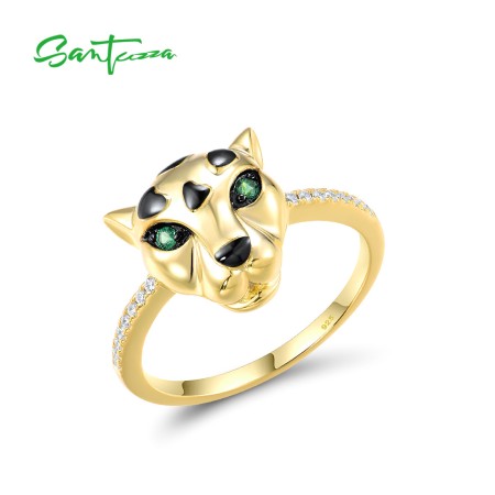 SANTUZZA 925 Sterling Silver Ring Green Spinel White CZ Gold Plated Leopard Fine Jewelry