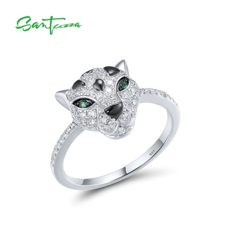 SANTUZZA 925 Sterling Silver Ring Green Spinel White Cubic Zirconia Leopard Animal Jewelry