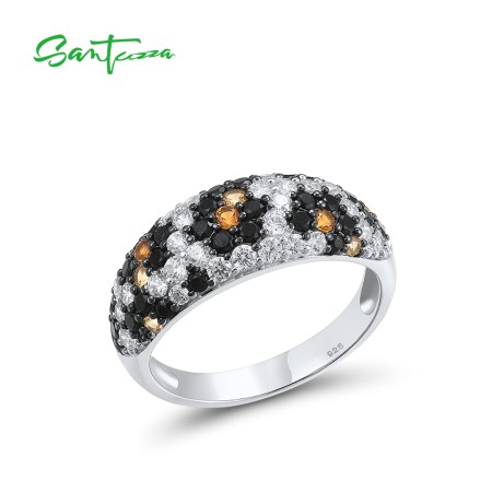 SANTUZZA 925 Sterling Silver Ring White CZ Black Spinel Yellow Nano CZ Animal Print Fine Jewelry