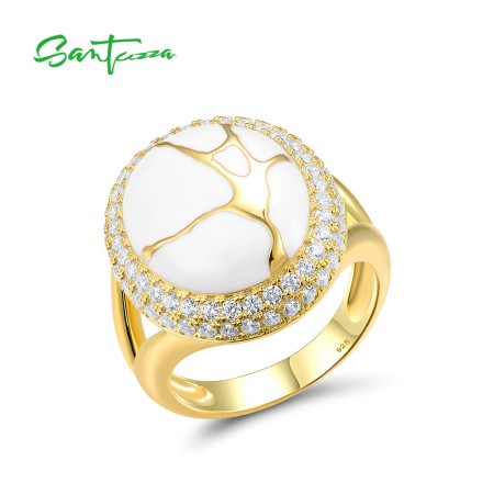 SANTUZZA 925 Sterling Silver Oriental Ring White Cubic Zirconia Enamel Fine Jewelry