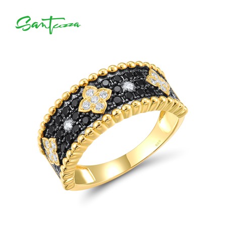 SANTUZZA Pure 925 Sterling Silver Ring For Women Sparkling Black Spinel White CZ Flower Antique Look Delicate Cute Fine Jewelry