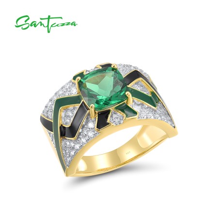 SANTUZZA 925 Sterling Silver Rings Green Spinel Grand Enamel Innovative Jewelry
