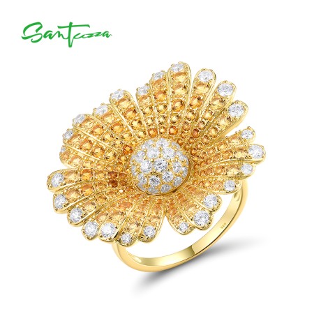 SANTUZZA 925 Sterling Silver Rings Yellow Nano Crystal Sun Flower Jewelry