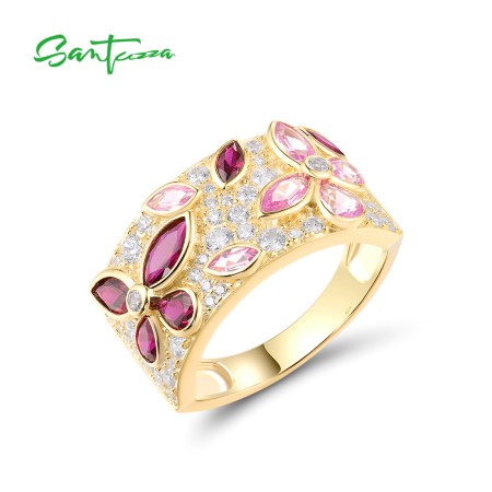 SANTUZZA 925 Sterling Silver Rings Cluster Created Ruby Pink Sapphire White CZ Jewelry